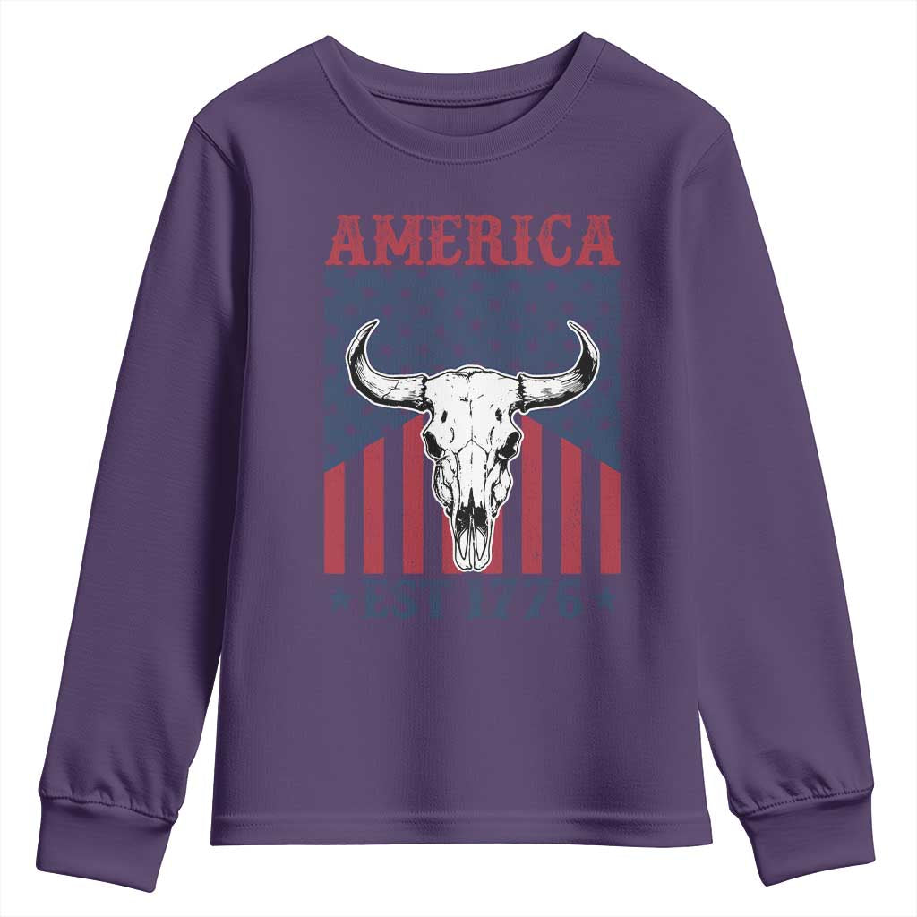 Funny 4th Of July Western Youth Sweatshirt America EST 1776 Long Horn Skull - Wonder Print Shop