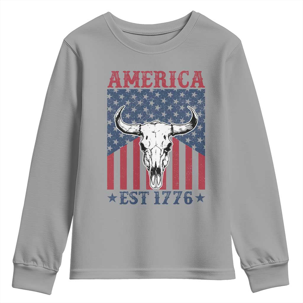 Funny 4th Of July Western Youth Sweatshirt America EST 1776 Long Horn Skull - Wonder Print Shop