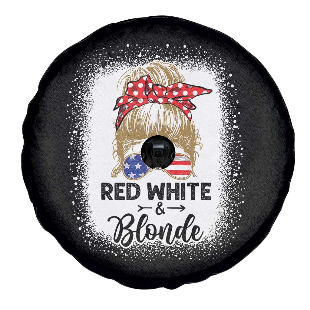 Funny  4th Of July Red White And Blonde Spare Tire Cover Messy Bun Girl American Flag Sunglasses - Wonder Print Shop