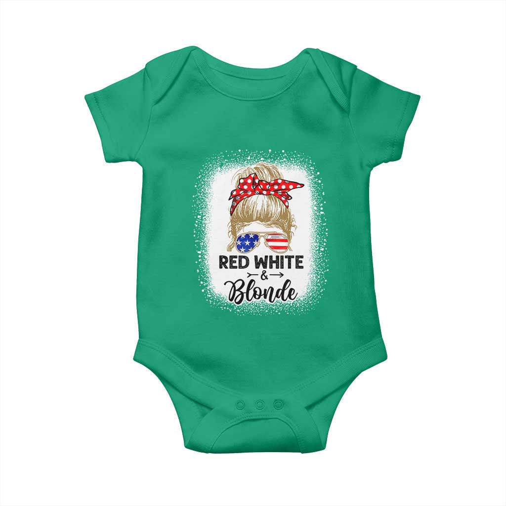 Funny  4th Of July Red White And Blonde Baby Onesie Messy Bun Girl American Flag Sunglasses - Wonder Print Shop