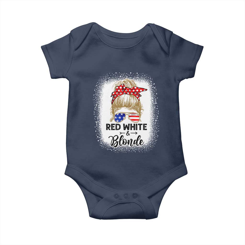 Funny  4th Of July Red White And Blonde Baby Onesie Messy Bun Girl American Flag Sunglasses - Wonder Print Shop