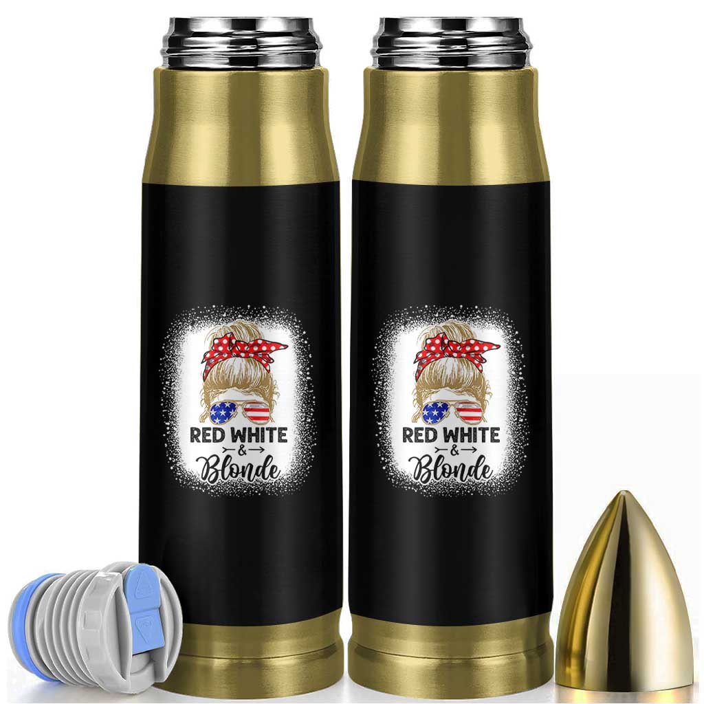 Funny  4th Of July Red White And Blonde Bullet Tumbler Messy Bun Girl American Flag Sunglasses - Wonder Print Shop