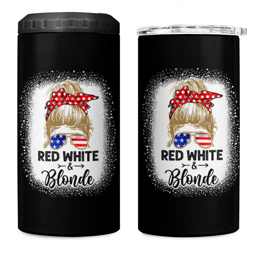 Funny  4th Of July Red White And Blonde 4 in 1 Can Cooler Tumbler Messy Bun Girl American Flag Sunglasses - Wonder Print Shop