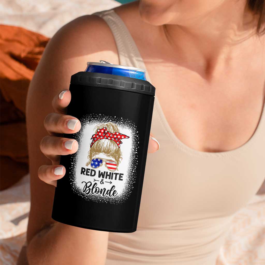 Funny  4th Of July Red White And Blonde 4 in 1 Can Cooler Tumbler Messy Bun Girl American Flag Sunglasses - Wonder Print Shop