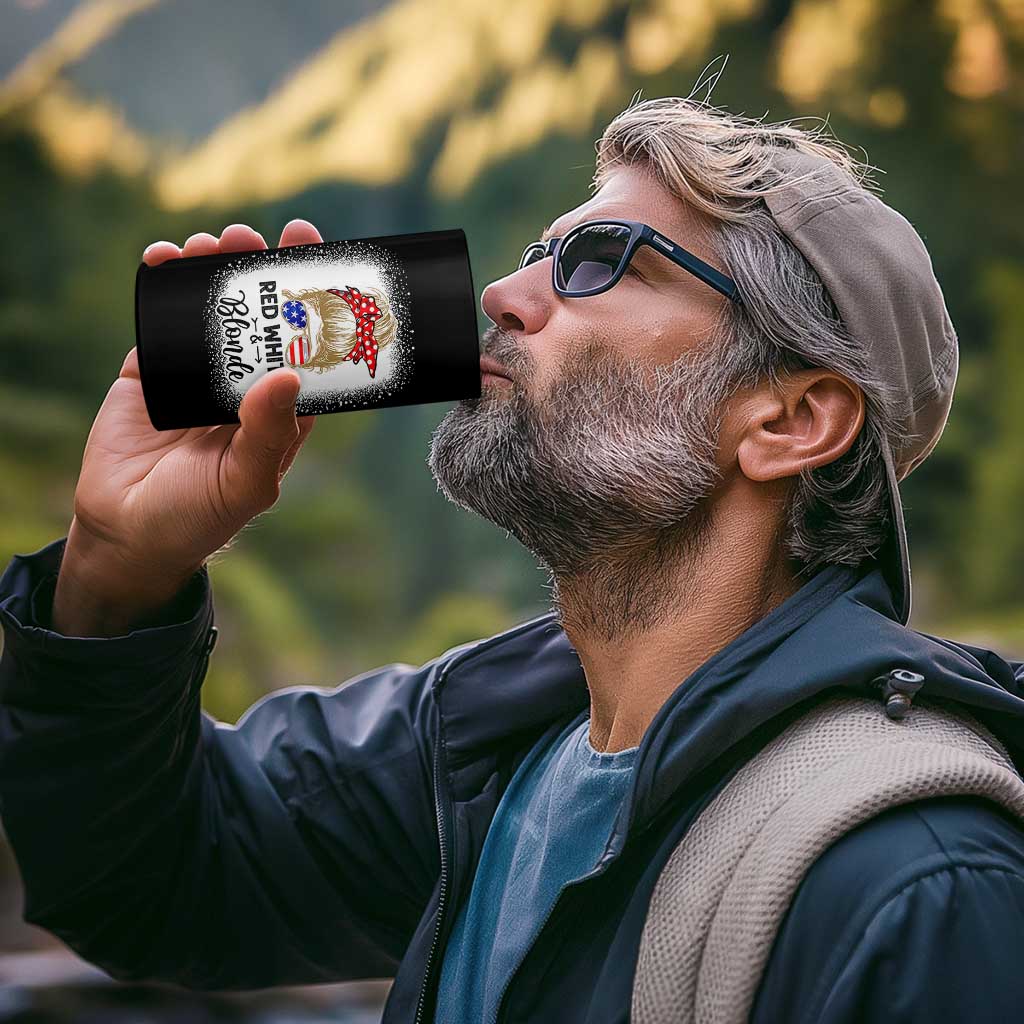 Funny  4th Of July Red White And Blonde 4 in 1 Can Cooler Tumbler Messy Bun Girl American Flag Sunglasses - Wonder Print Shop