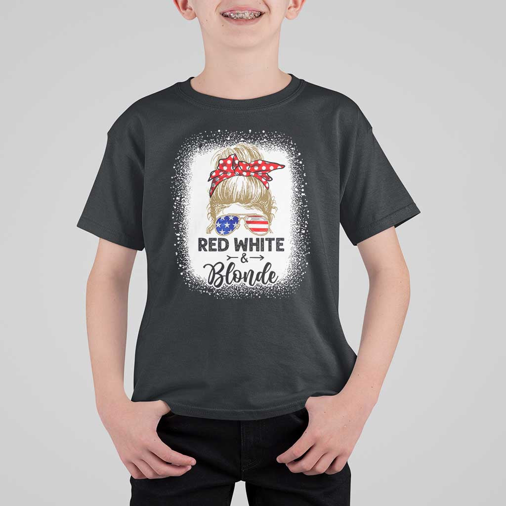 Funny  4th Of July Red White And Blonde T Shirt For Kid Messy Bun Girl American Flag Sunglasses - Wonder Print Shop