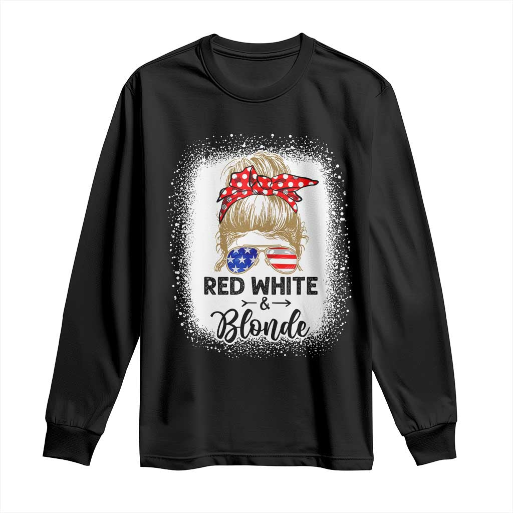 Funny  4th Of July Red White And Blonde Long Sleeve Shirt Messy Bun Girl American Flag Sunglasses - Wonder Print Shop
