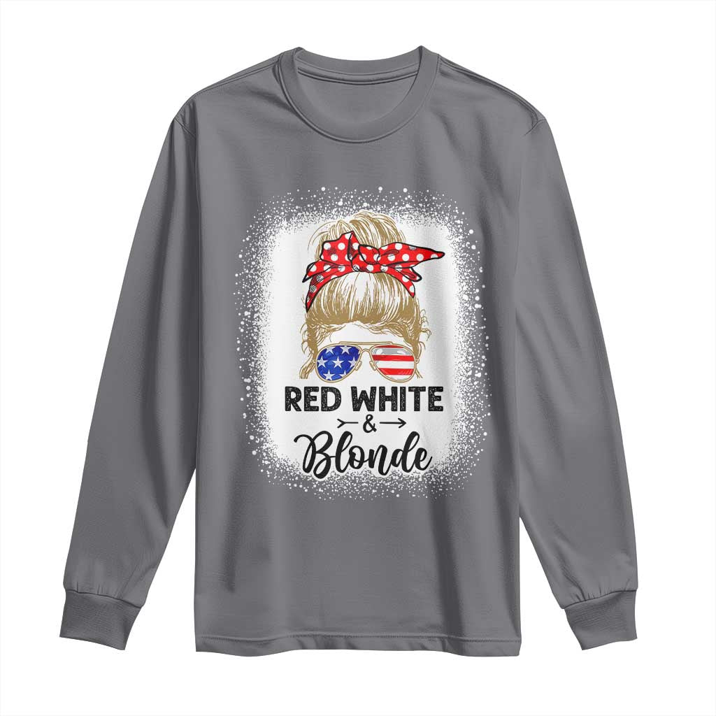 Funny  4th Of July Red White And Blonde Long Sleeve Shirt Messy Bun Girl American Flag Sunglasses - Wonder Print Shop