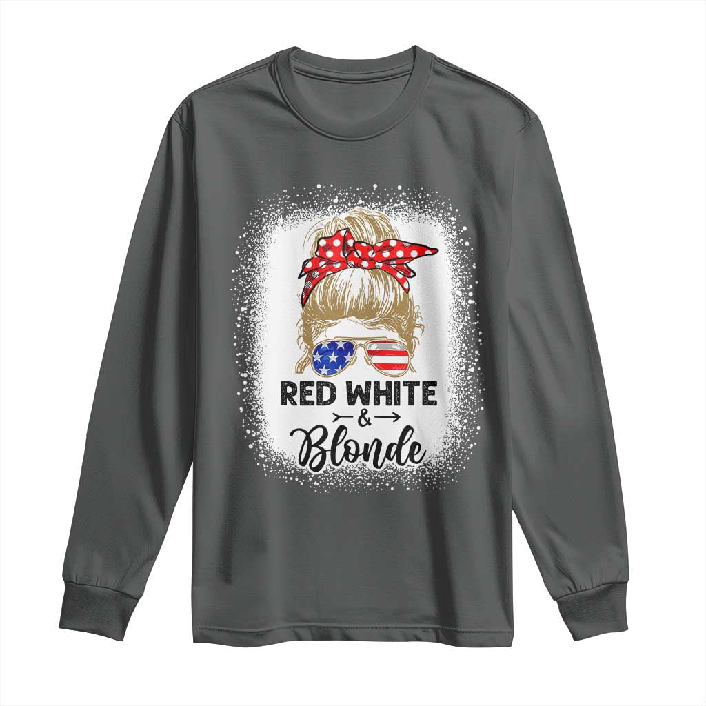 Funny  4th Of July Red White And Blonde Long Sleeve Shirt Messy Bun Girl American Flag Sunglasses - Wonder Print Shop