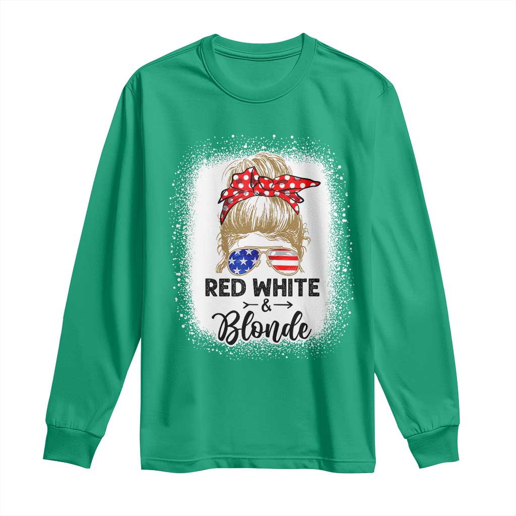 Funny  4th Of July Red White And Blonde Long Sleeve Shirt Messy Bun Girl American Flag Sunglasses - Wonder Print Shop
