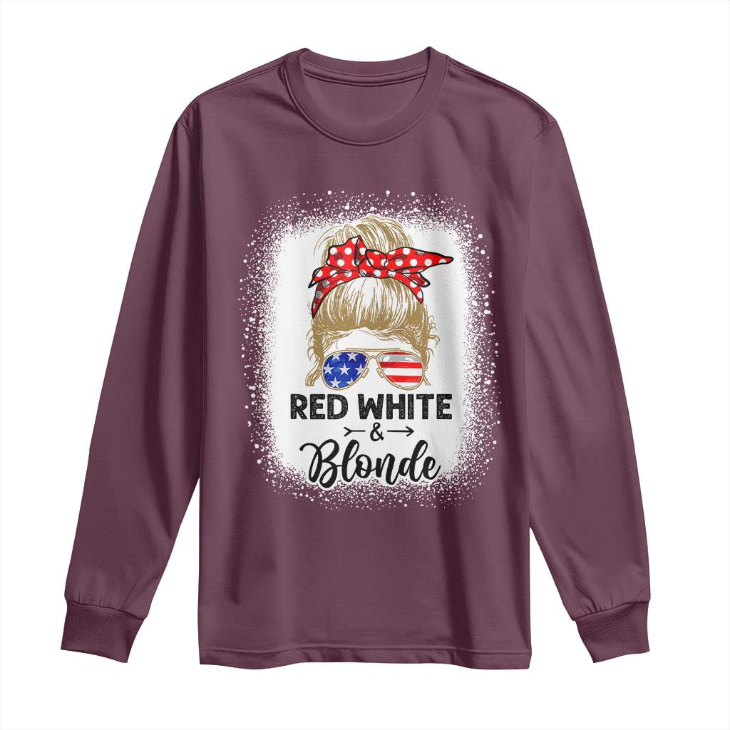Funny  4th Of July Red White And Blonde Long Sleeve Shirt Messy Bun Girl American Flag Sunglasses - Wonder Print Shop