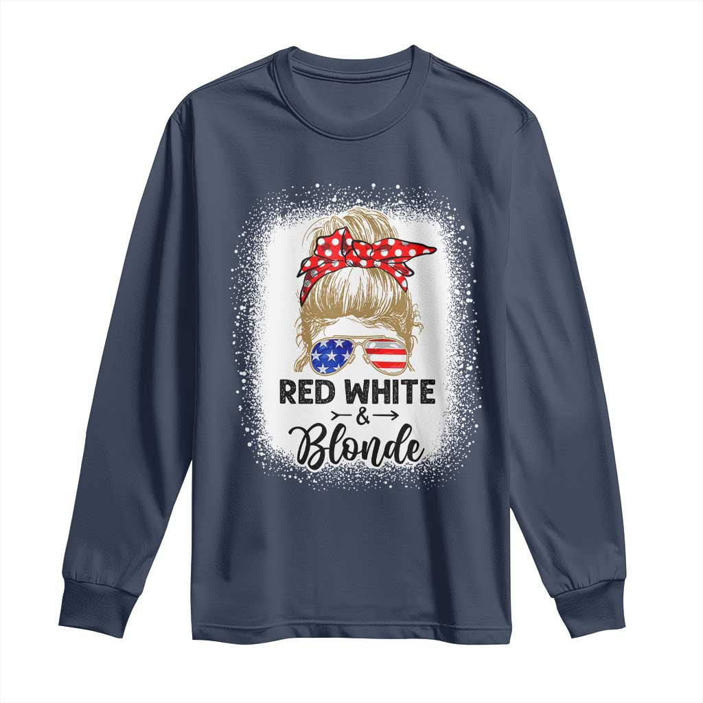 Funny  4th Of July Red White And Blonde Long Sleeve Shirt Messy Bun Girl American Flag Sunglasses - Wonder Print Shop