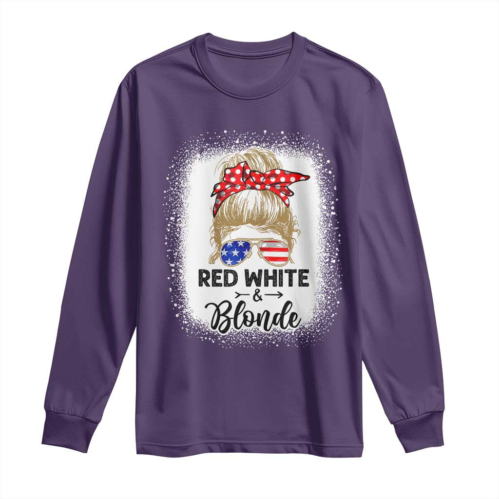 Funny  4th Of July Red White And Blonde Long Sleeve Shirt Messy Bun Girl American Flag Sunglasses - Wonder Print Shop