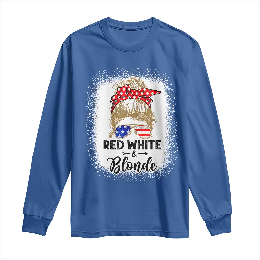 Funny  4th Of July Red White And Blonde Long Sleeve Shirt Messy Bun Girl American Flag Sunglasses - Wonder Print Shop