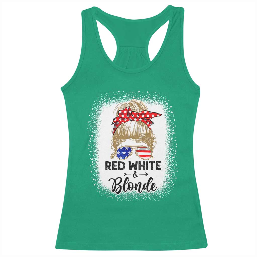 Funny  4th Of July Red White And Blonde Racerback Tank Top Messy Bun Girl American Flag Sunglasses - Wonder Print Shop