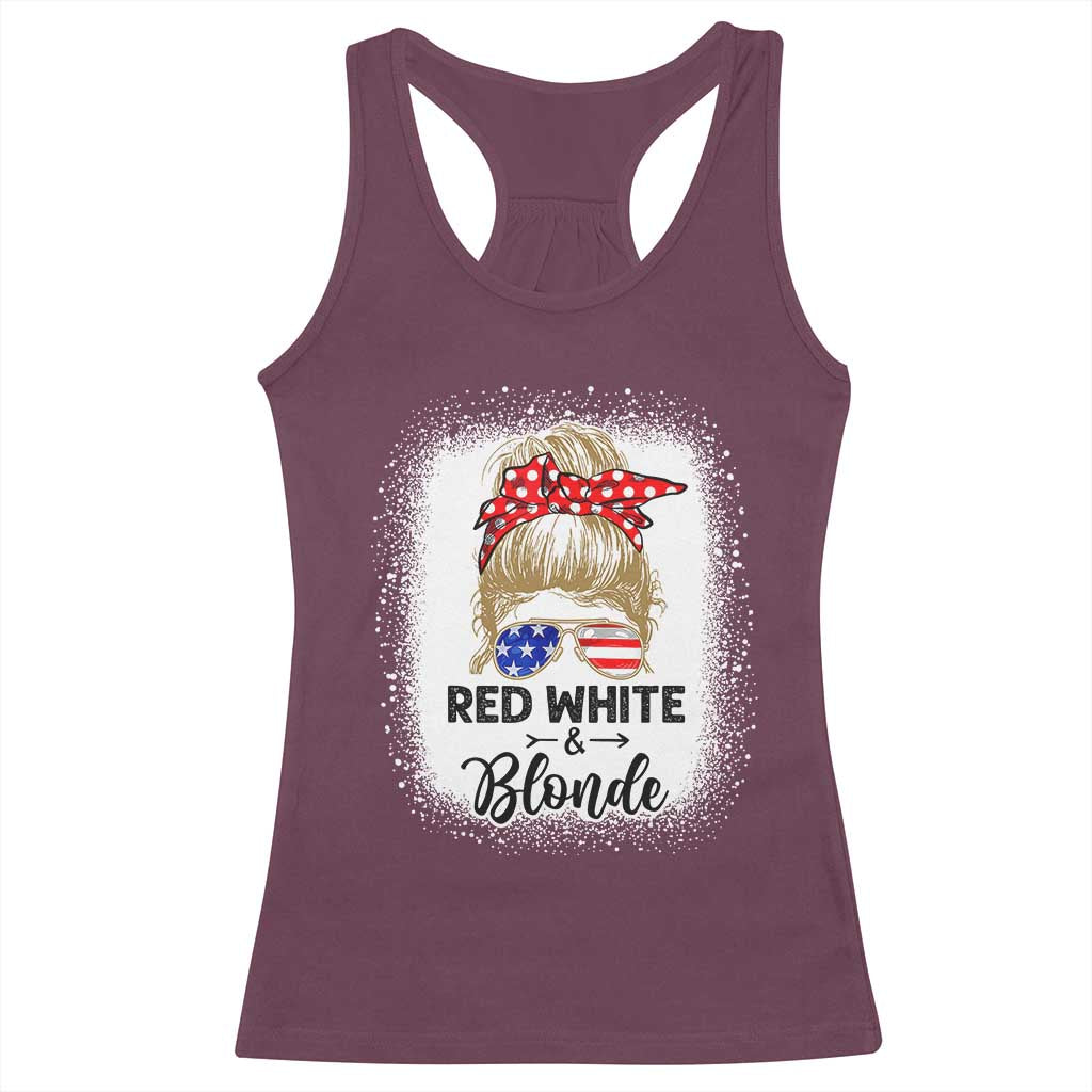 Funny  4th Of July Red White And Blonde Racerback Tank Top Messy Bun Girl American Flag Sunglasses - Wonder Print Shop