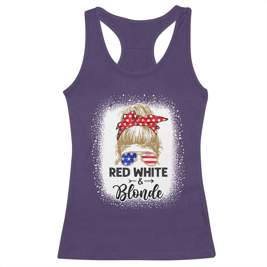 Funny  4th Of July Red White And Blonde Racerback Tank Top Messy Bun Girl American Flag Sunglasses - Wonder Print Shop