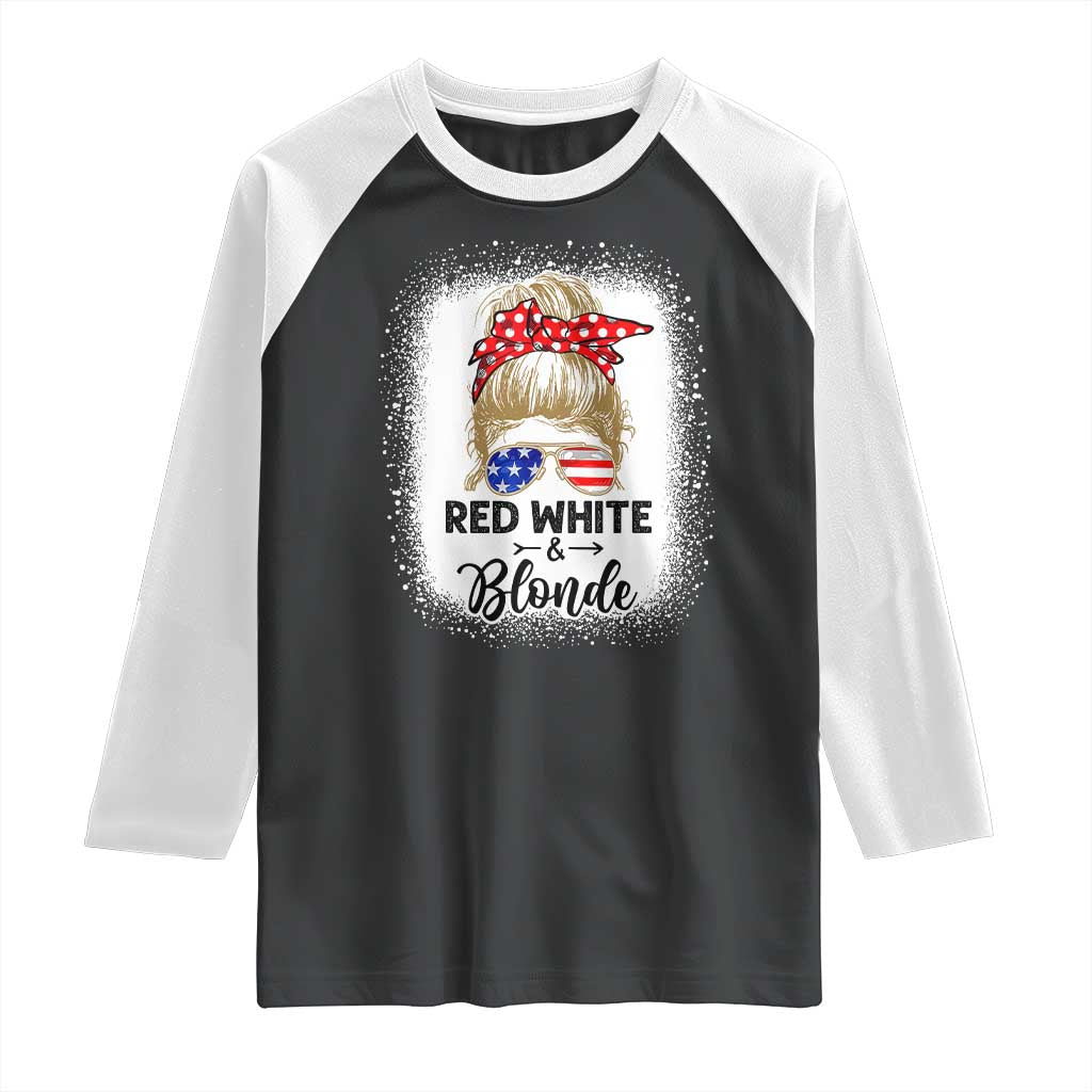 Funny  4th Of July Red White And Blonde Raglan Shirt Messy Bun Girl American Flag Sunglasses - Wonder Print Shop