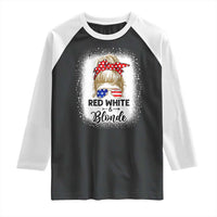 Funny  4th Of July Red White And Blonde Raglan Shirt Messy Bun Girl American Flag Sunglasses - Wonder Print Shop