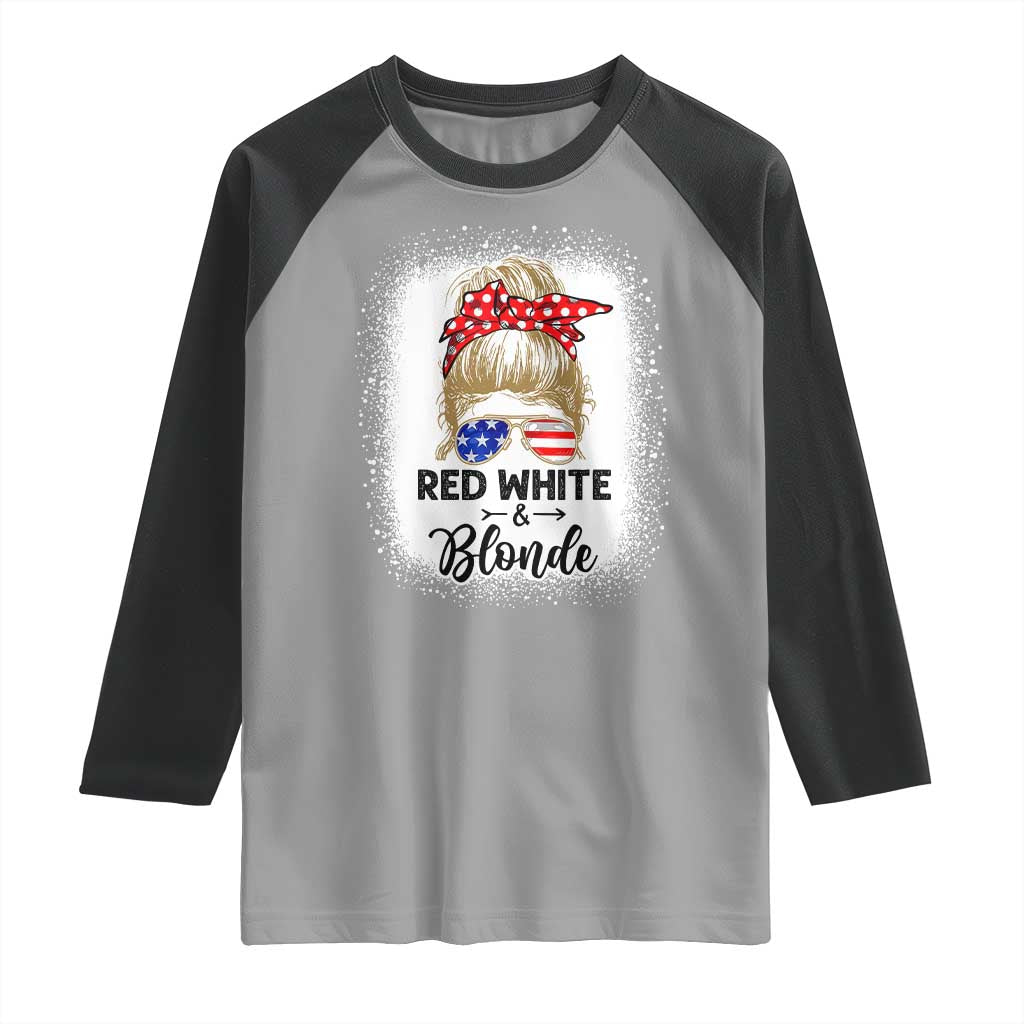 Funny  4th Of July Red White And Blonde Raglan Shirt Messy Bun Girl American Flag Sunglasses - Wonder Print Shop