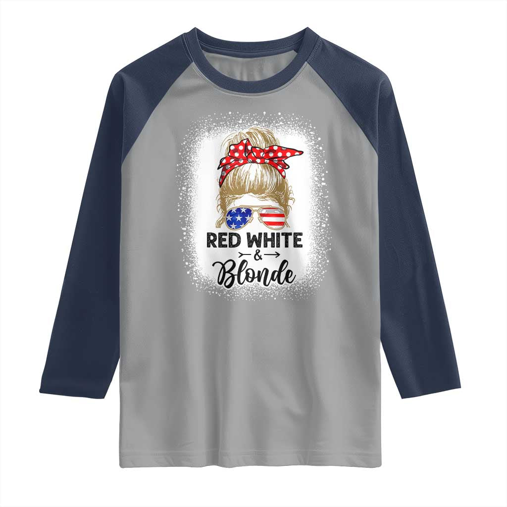 Funny  4th Of July Red White And Blonde Raglan Shirt Messy Bun Girl American Flag Sunglasses - Wonder Print Shop
