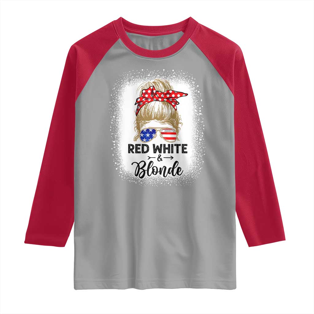 Funny  4th Of July Red White And Blonde Raglan Shirt Messy Bun Girl American Flag Sunglasses - Wonder Print Shop