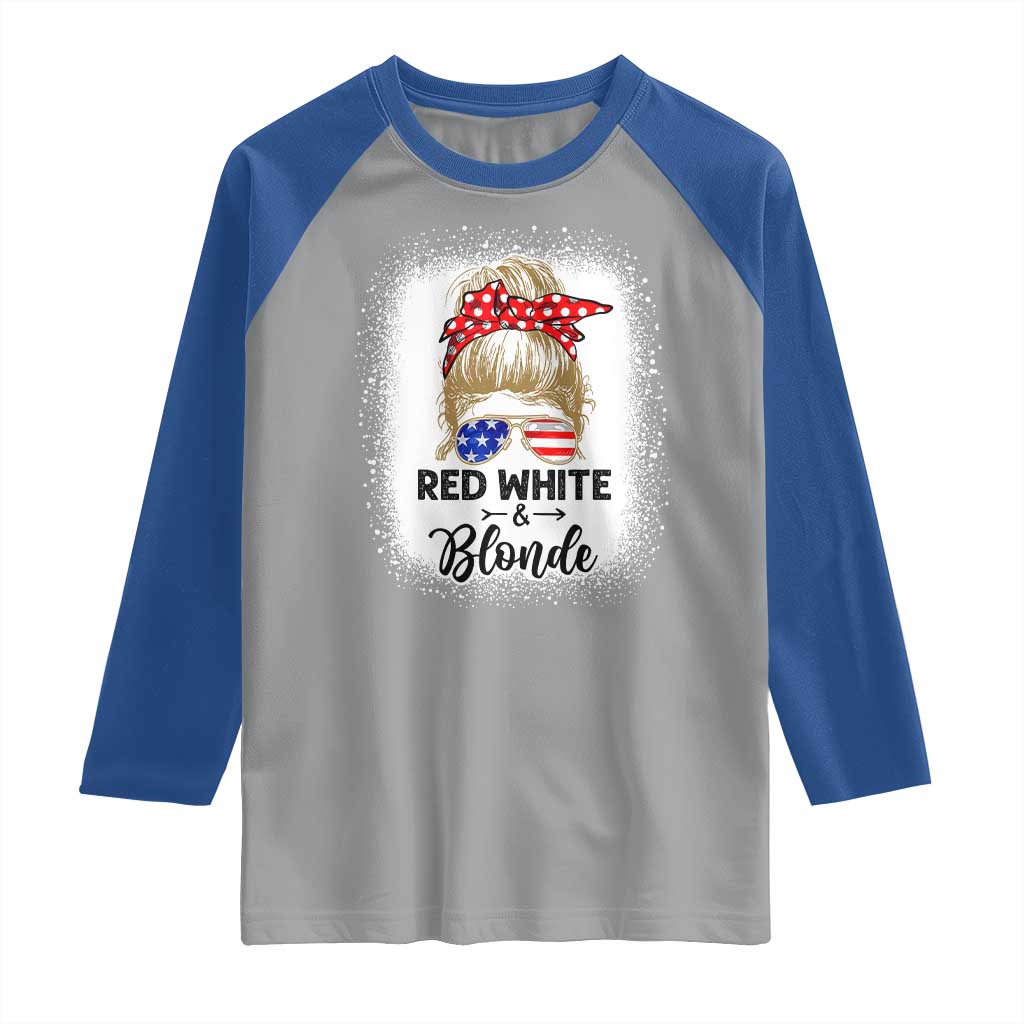 Funny  4th Of July Red White And Blonde Raglan Shirt Messy Bun Girl American Flag Sunglasses - Wonder Print Shop