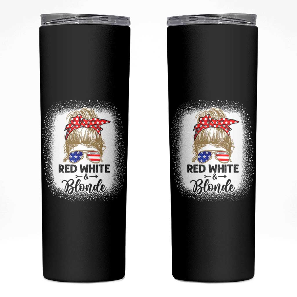 Funny  4th Of July Red White And Blonde Skinny Tumbler Messy Bun Girl American Flag Sunglasses - Wonder Print Shop