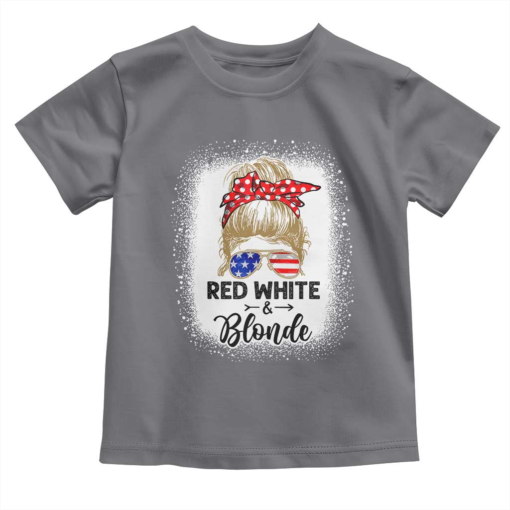 Funny  4th Of July Red White And Blonde Toddler T Shirt Messy Bun Girl American Flag Sunglasses - Wonder Print Shop