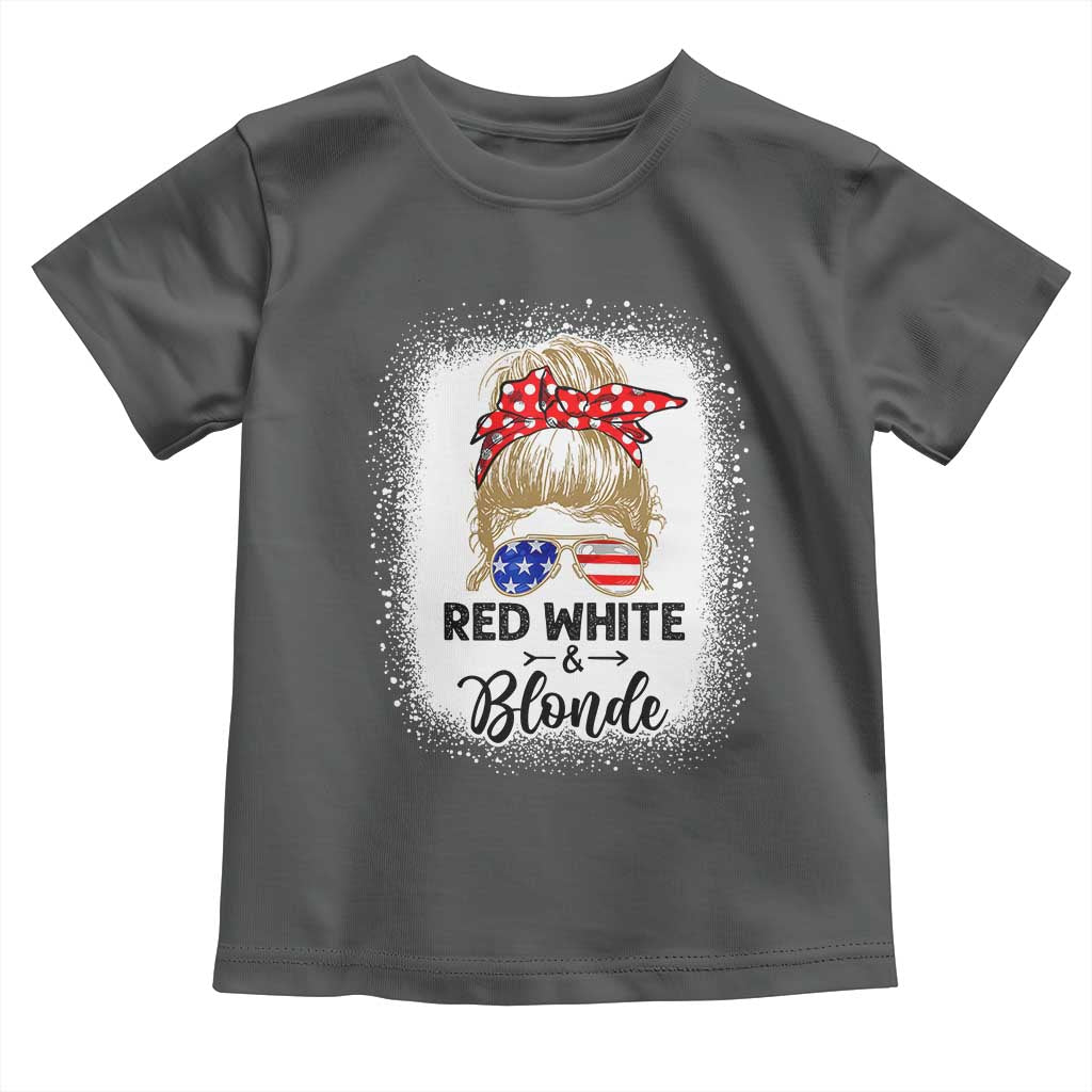 Funny  4th Of July Red White And Blonde Toddler T Shirt Messy Bun Girl American Flag Sunglasses - Wonder Print Shop