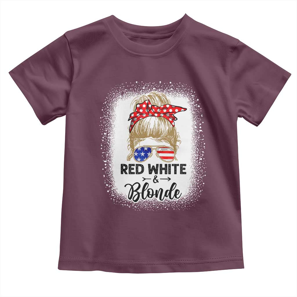 Funny  4th Of July Red White And Blonde Toddler T Shirt Messy Bun Girl American Flag Sunglasses - Wonder Print Shop