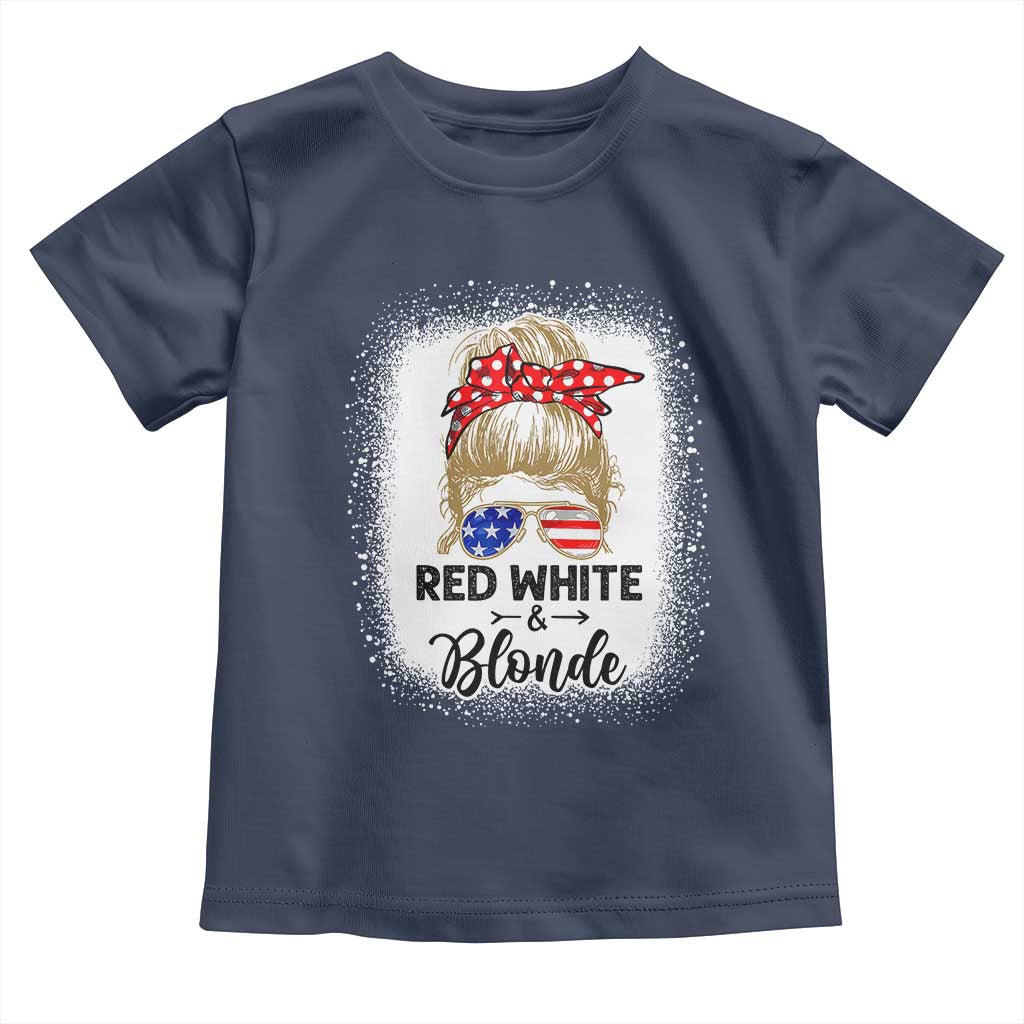 Funny  4th Of July Red White And Blonde Toddler T Shirt Messy Bun Girl American Flag Sunglasses - Wonder Print Shop