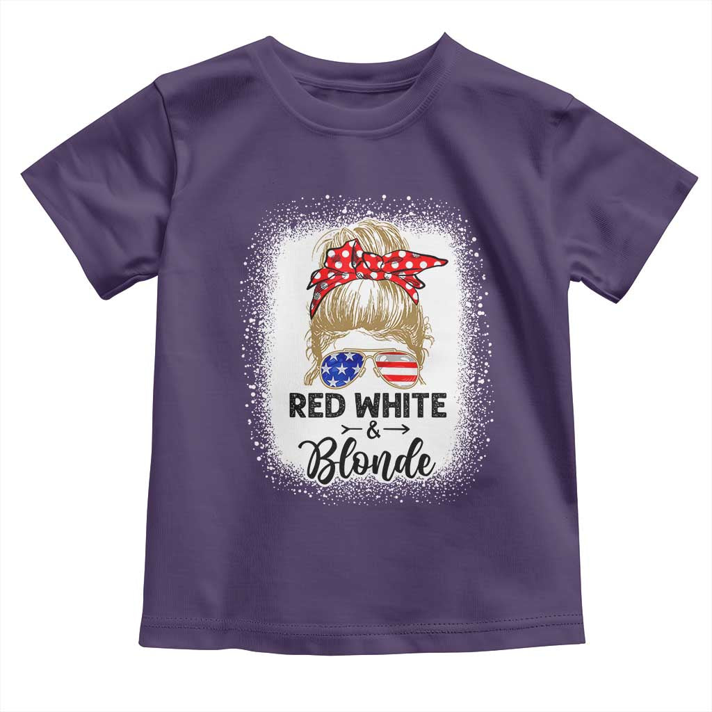 Funny  4th Of July Red White And Blonde Toddler T Shirt Messy Bun Girl American Flag Sunglasses - Wonder Print Shop