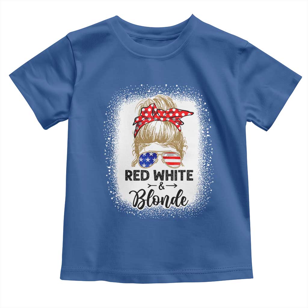 Funny  4th Of July Red White And Blonde Toddler T Shirt Messy Bun Girl American Flag Sunglasses - Wonder Print Shop