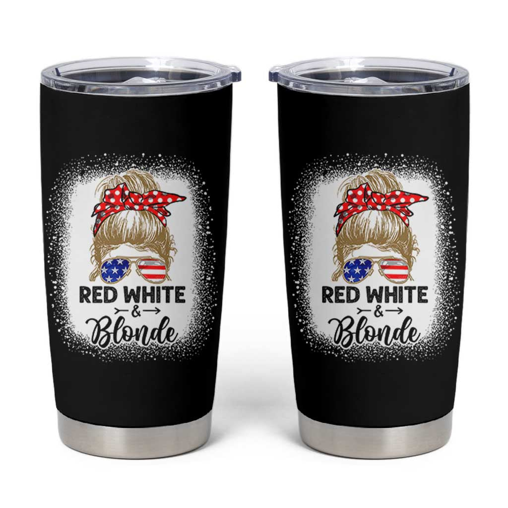 Funny  4th Of July Red White And Blonde Tumbler Cup Messy Bun Girl American Flag Sunglasses - Wonder Print Shop