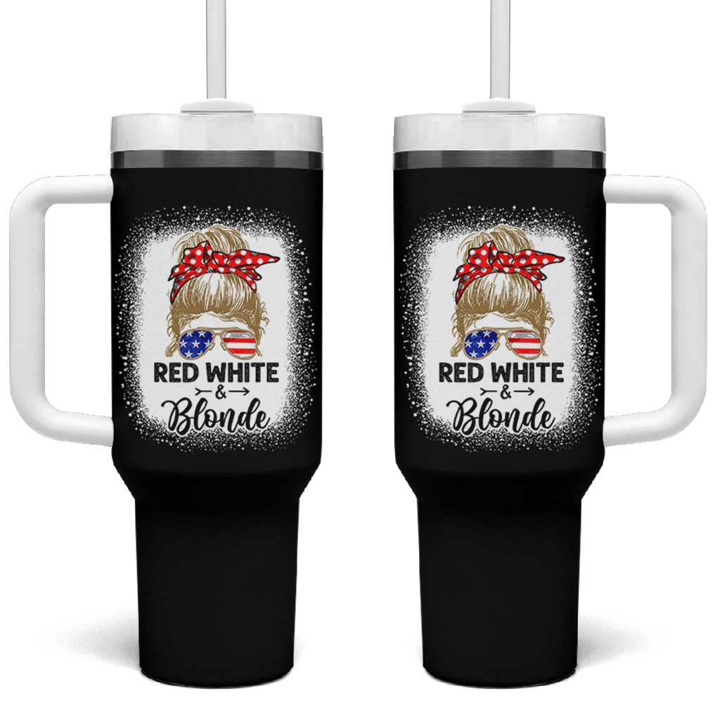 Funny  4th Of July Red White And Blonde Tumbler With Handle Messy Bun Girl American Flag Sunglasses - Wonder Print Shop