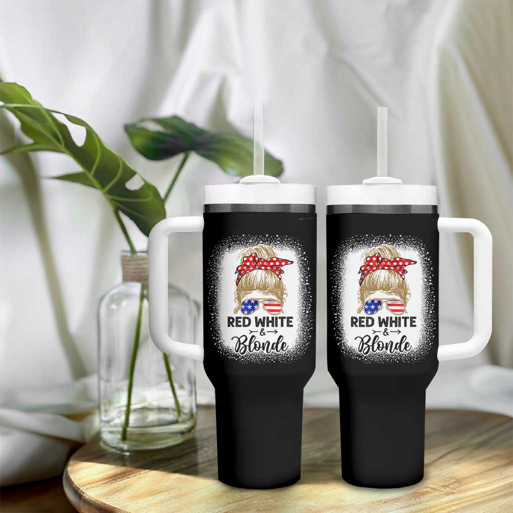 Funny  4th Of July Red White And Blonde Tumbler With Handle Messy Bun Girl American Flag Sunglasses - Wonder Print Shop