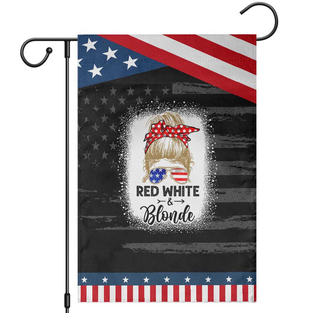 Funny  4th Of July Red White And Blonde Garden Flag Messy Bun Girl American Flag Sunglasses