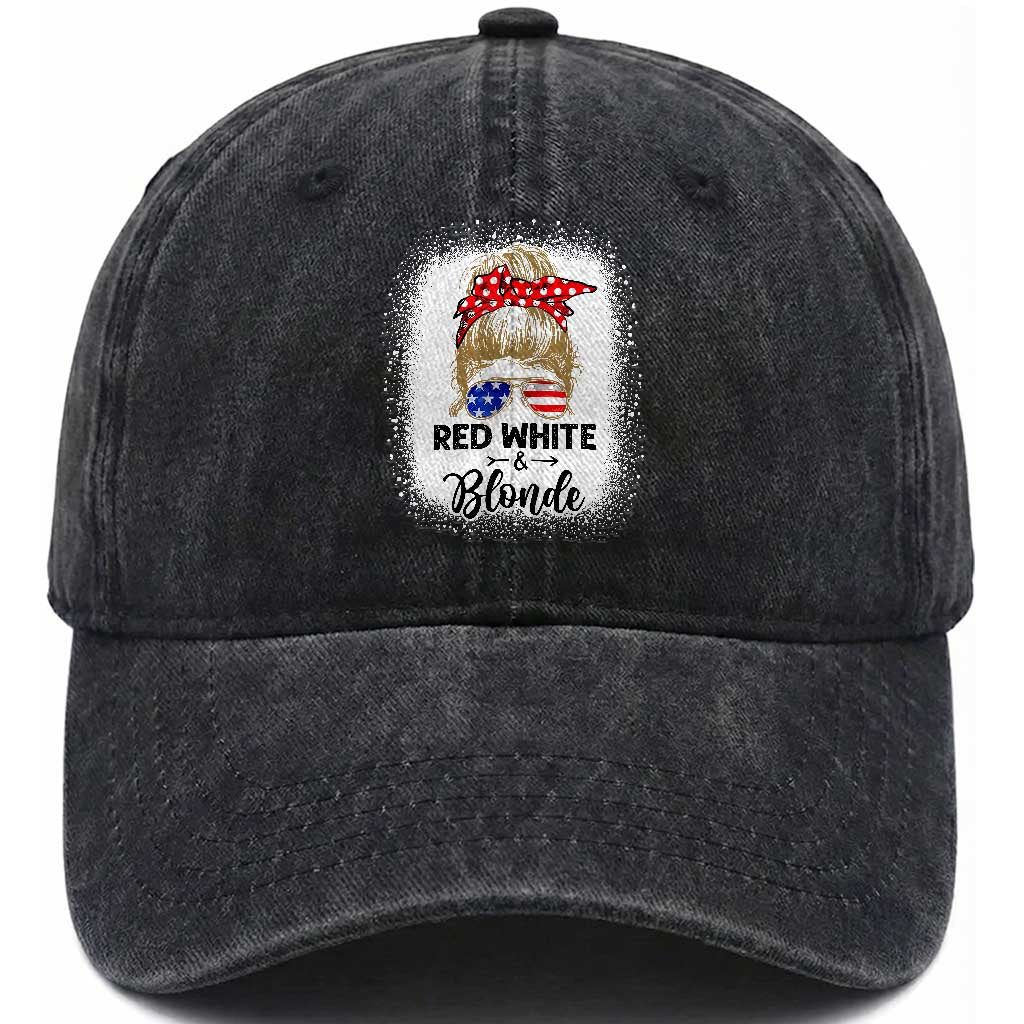 Funny  4th Of July Red White And Blonde Washed Cotton Baseball Cap Messy Bun Girl American Flag Sunglasses TS11