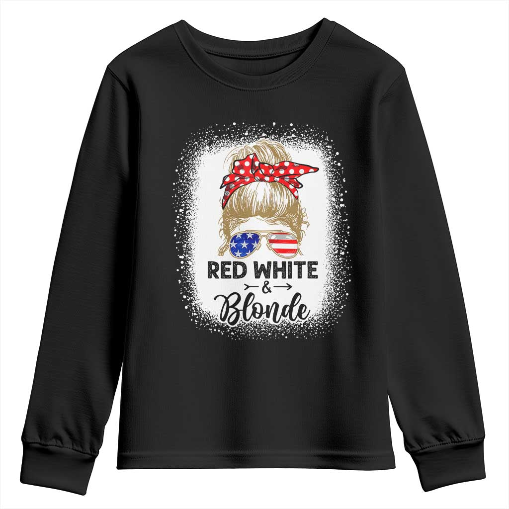 Funny  4th Of July Red White And Blonde Youth Sweatshirt Messy Bun Girl American Flag Sunglasses - Wonder Print Shop