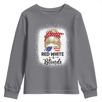 Funny  4th Of July Red White And Blonde Youth Sweatshirt Messy Bun Girl American Flag Sunglasses - Wonder Print Shop