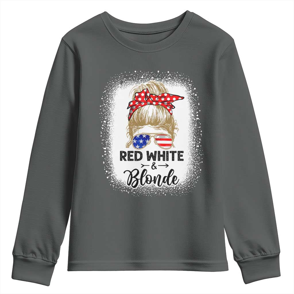 Funny  4th Of July Red White And Blonde Youth Sweatshirt Messy Bun Girl American Flag Sunglasses - Wonder Print Shop