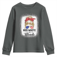 Funny  4th Of July Red White And Blonde Youth Sweatshirt Messy Bun Girl American Flag Sunglasses - Wonder Print Shop