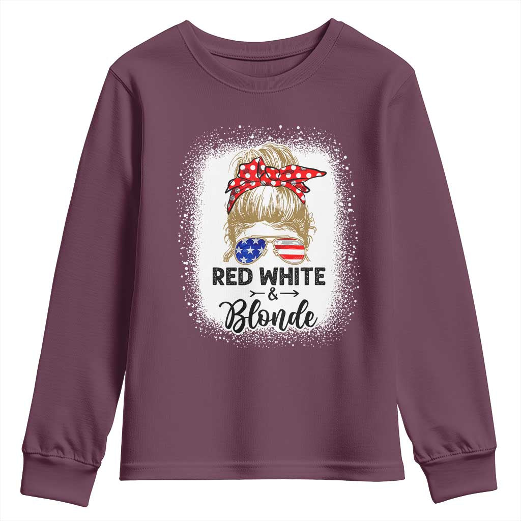 Funny  4th Of July Red White And Blonde Youth Sweatshirt Messy Bun Girl American Flag Sunglasses - Wonder Print Shop