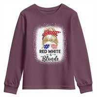 Funny  4th Of July Red White And Blonde Youth Sweatshirt Messy Bun Girl American Flag Sunglasses - Wonder Print Shop