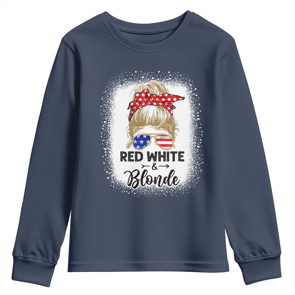 Funny  4th Of July Red White And Blonde Youth Sweatshirt Messy Bun Girl American Flag Sunglasses - Wonder Print Shop