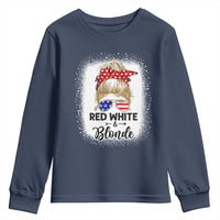 Funny  4th Of July Red White And Blonde Youth Sweatshirt Messy Bun Girl American Flag Sunglasses - Wonder Print Shop