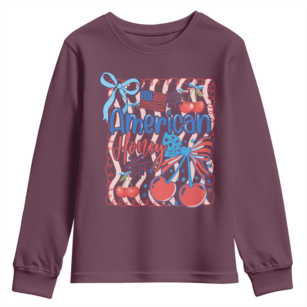 Funny 4th Of July American Honey Youth Sweatshirt USA Independence Day Coquette - Wonder Print Shop