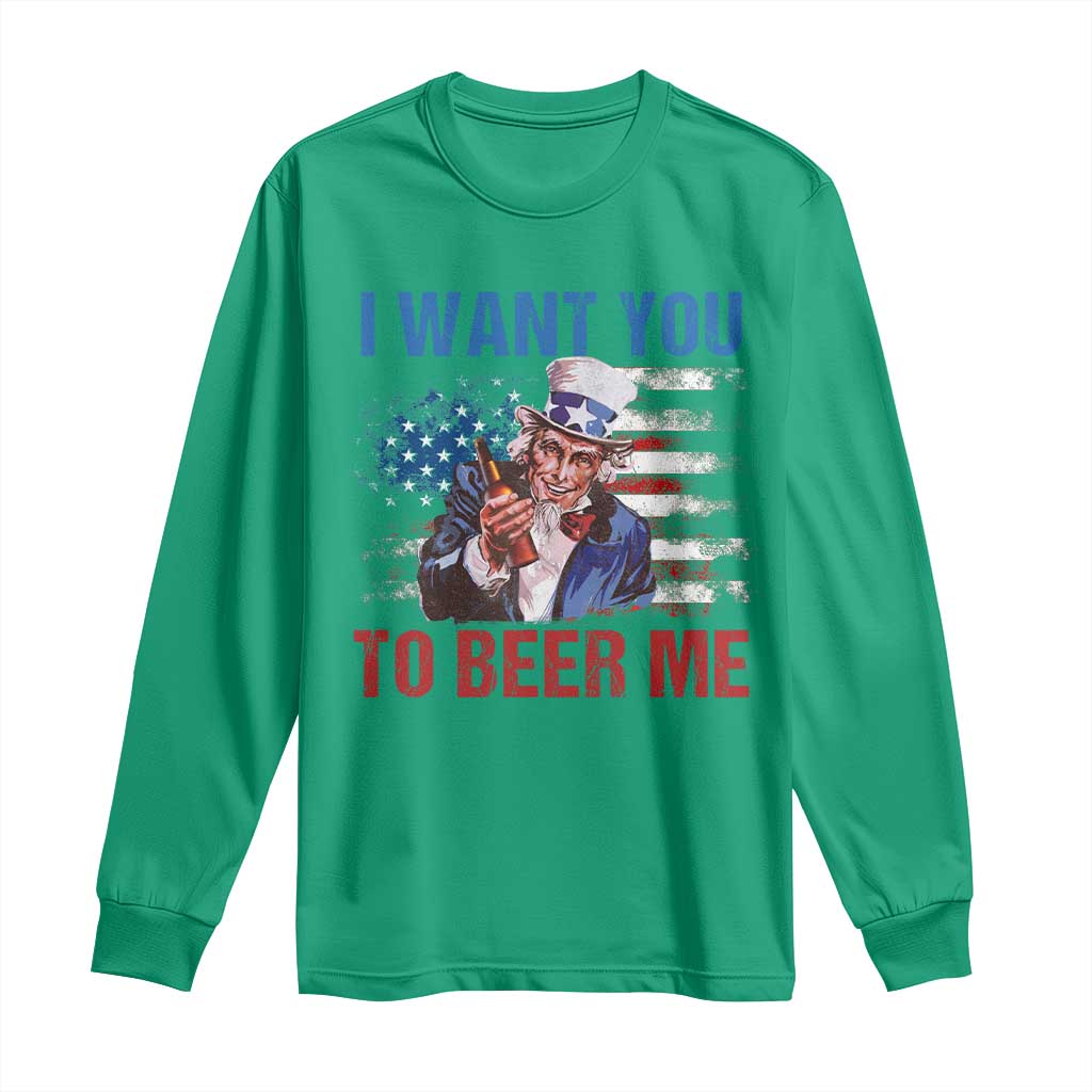 Funny Uncle Sam Long Sleeve Shirt I Want You To Beer Me American Flag - Wonder Print Shop