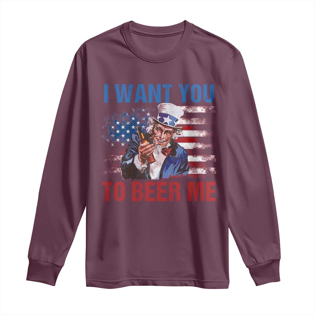Funny Uncle Sam Long Sleeve Shirt I Want You To Beer Me American Flag - Wonder Print Shop